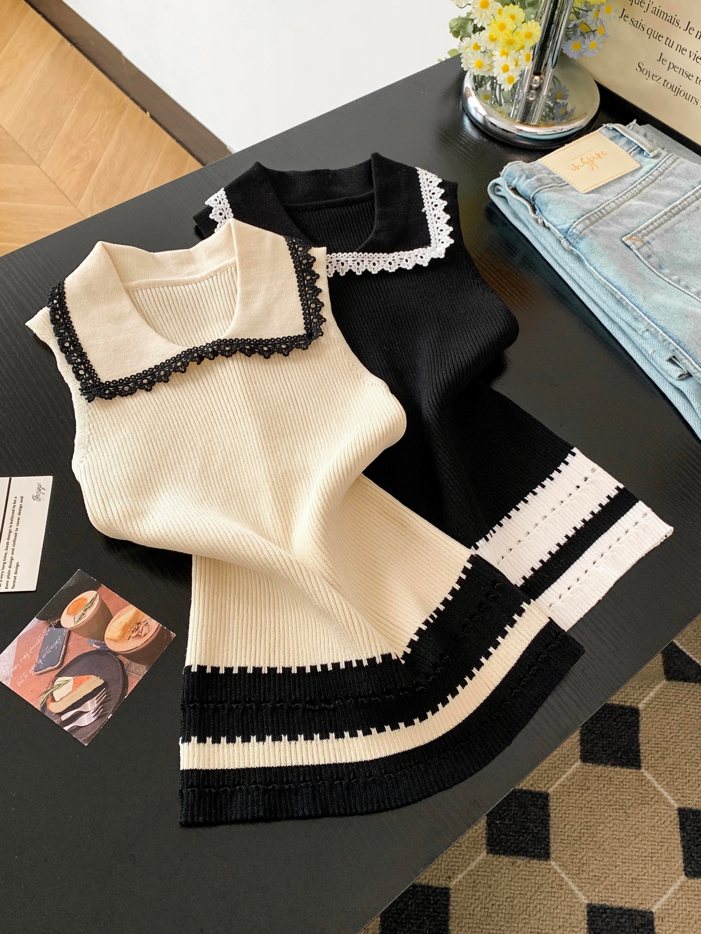 Women’s Lace Spliced Doll Collar Knit Vest Summer New Gentle Niche Age Reducing Top