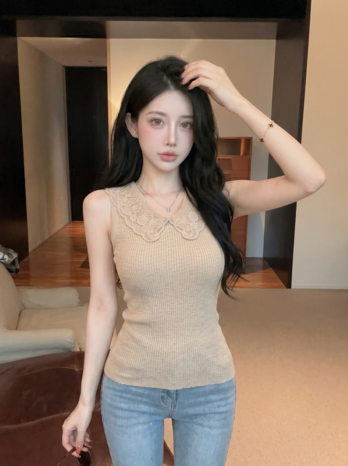 Women’s Lace Spliced Doll Collar Knit Vest Summer Sweet Slimming Sleeveless Top