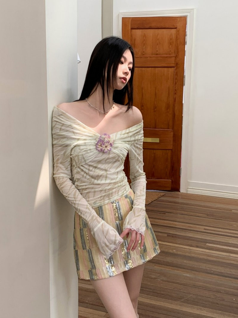 Yellow-Green Print One-Shoulder Knot Pleated Top for Women